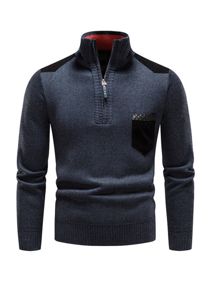 Men's stand-up collar thickened patchwork half-zip lapel sweater pullover sweater Shello's Creative Boutique