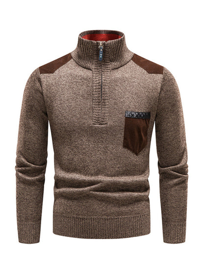 Men's stand-up collar thickened patchwork half-zip lapel sweater pullover sweater Shello's Creative Boutique