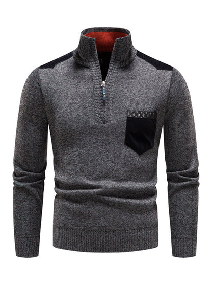 Men's stand-up collar thickened patchwork half-zip lapel sweater pullover sweater Shello's Creative Boutique