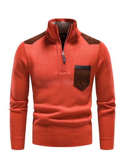 Men's stand-up collar thickened patchwork half-zip lapel sweater pullover sweater Shello's Creative Boutique