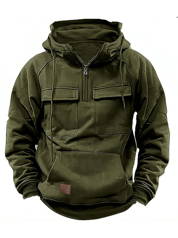 Men's hooded solid color sports multi-pocket leather sweatshirt jacket Shello's Creative Boutique
