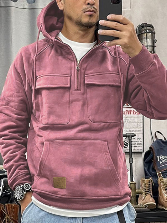 Men's hooded solid color sports multi-pocket leather sweatshirt jacket Shello's Creative Boutique