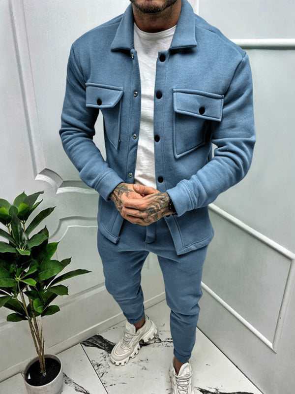 Men's new long-sleeved trousers single-breasted jacket solid color slim two-piece set Shello's Creative Boutique