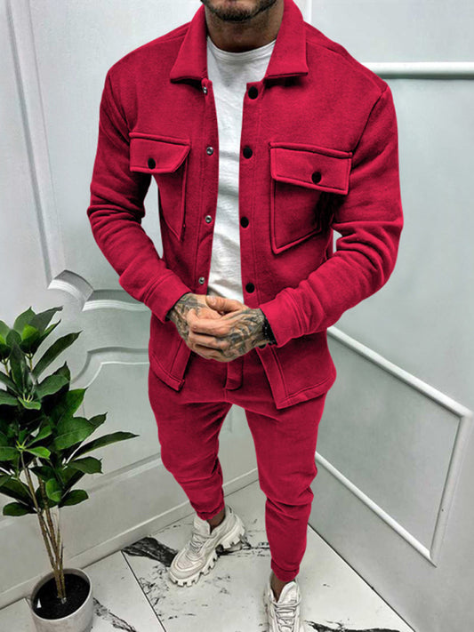 Men's new long-sleeved trousers single-breasted jacket solid color slim two-piece set Shello's Creative Boutique
