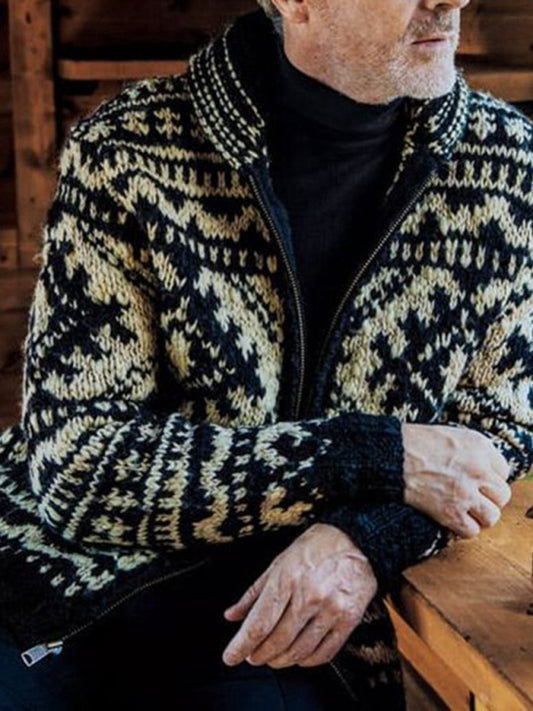 Men's Jacquard Knit Jacket Lapel Long Sleeve Jacket Sweater Shello's Creative Boutique