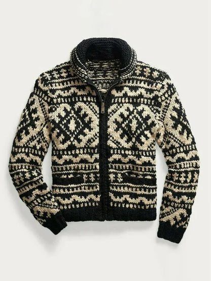 Men's Jacquard Knit Lapel Long Sleeve Jacket Sweater - Shello's Creative Boutique
