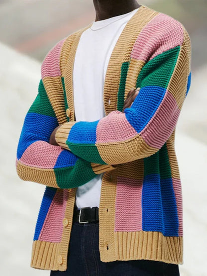 Men's Fashionable Contrast Color Cardigan Sweater Autumn and Winter Woolen Jacket - Shello's Creative Boutique