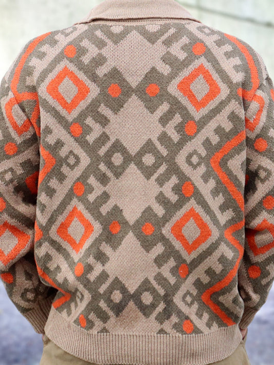 Men's retro heavy-duty jacquard cardigan sweater autumn and winter lapel long-sleeved knitted jacket Shello's Creative Boutique