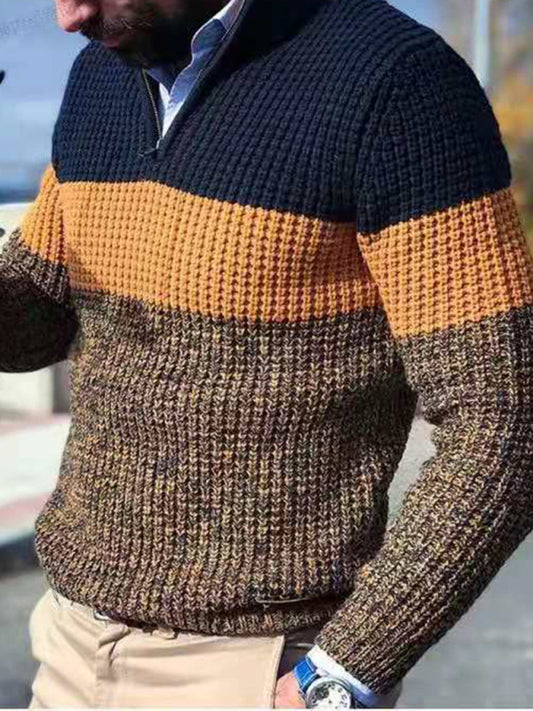 Men's stand-up collar zippered half-platform color-blocked casual V-neck sweater Shello's Creative Boutique