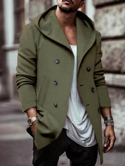 Men's Mid-Length Lapel Hooded Double-Breasted Casual Trench Coat - Shello's Creative Boutique