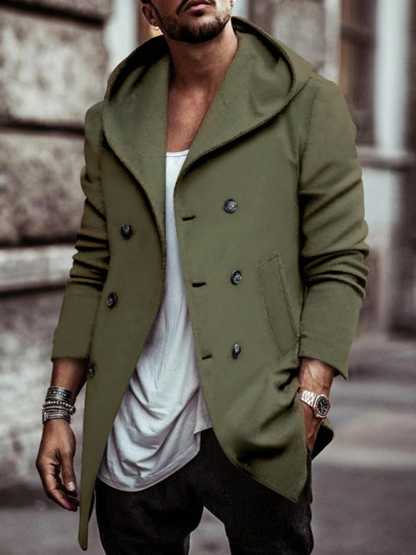 Men's mid-length lapel hooded double-breasted casual trench coat Shello's Creative Boutique