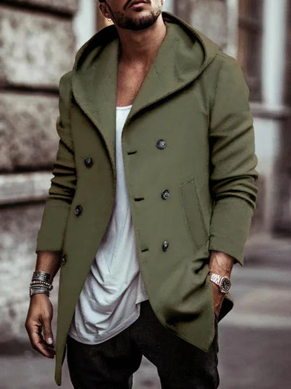 Men's Mid-Length Lapel Hooded Double-Breasted Casual Trench Coat - Shello's Creative Boutique