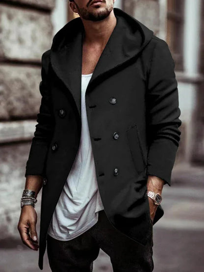 Men's Mid-Length Lapel Hooded Double-Breasted Casual Trench Coat - Shello's Creative Boutique