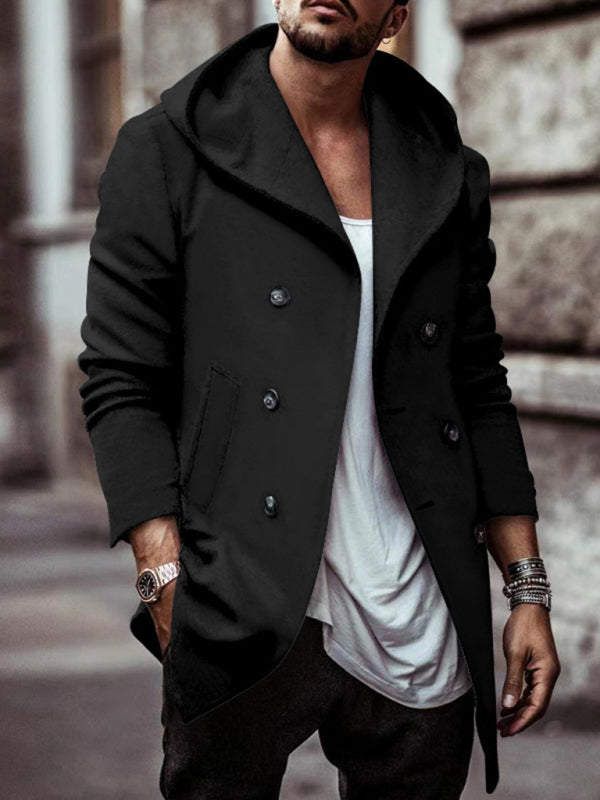 Men's mid-length lapel hooded double-breasted casual trench coat Shello's Creative Boutique