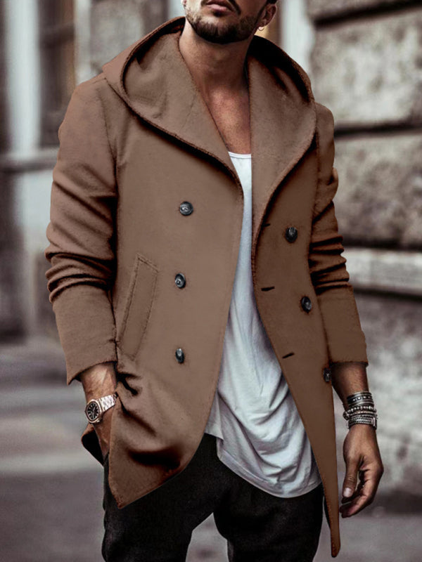 Men's mid-length lapel hooded double-breasted casual trench coat Shello's Creative Boutique