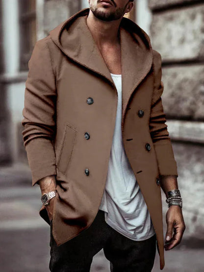 Men's Mid-Length Lapel Hooded Double-Breasted Casual Trench Coat - Shello's Creative Boutique