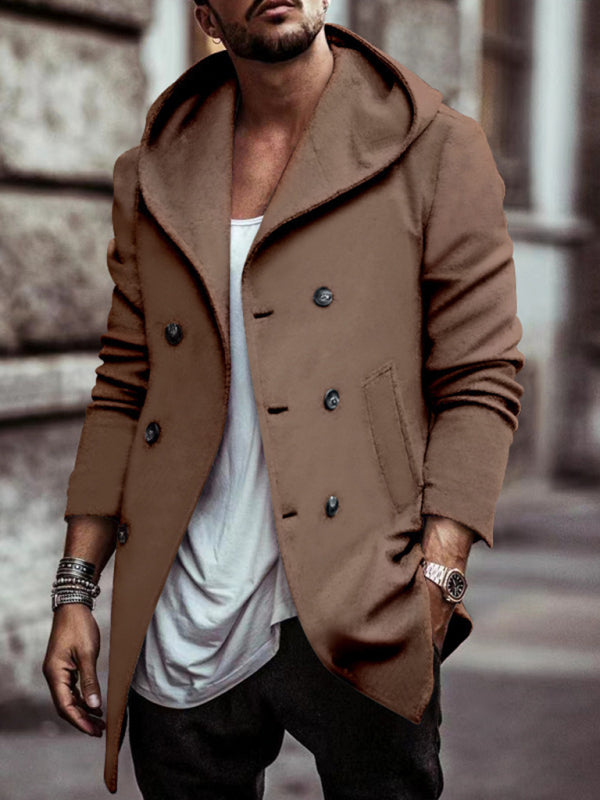 Men's mid-length lapel hooded double-breasted casual trench coat Shello's Creative Boutique