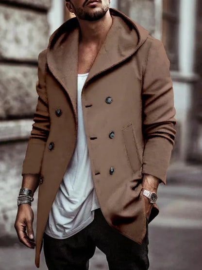 Men's Mid-Length Lapel Hooded Double-Breasted Casual Trench Coat - Shello's Creative Boutique