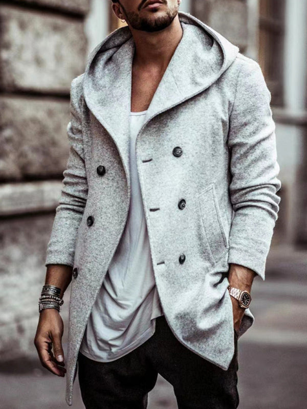 Men's mid-length lapel hooded double-breasted casual trench coat Shello's Creative Boutique