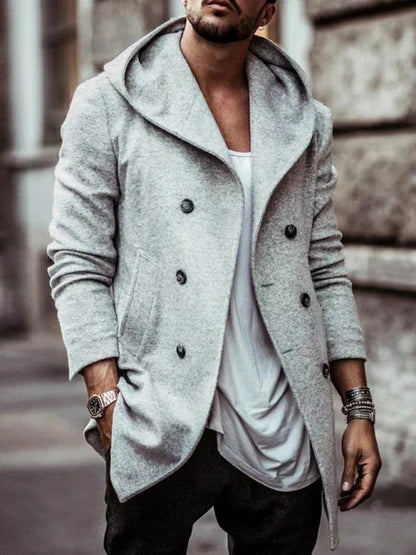 Men's Mid-Length Lapel Hooded Double-Breasted Casual Trench Coat - Shello's Creative Boutique