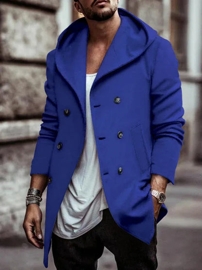 Men's Mid-Length Lapel Hooded Double-Breasted Casual Trench Coat - Shello's Creative Boutique