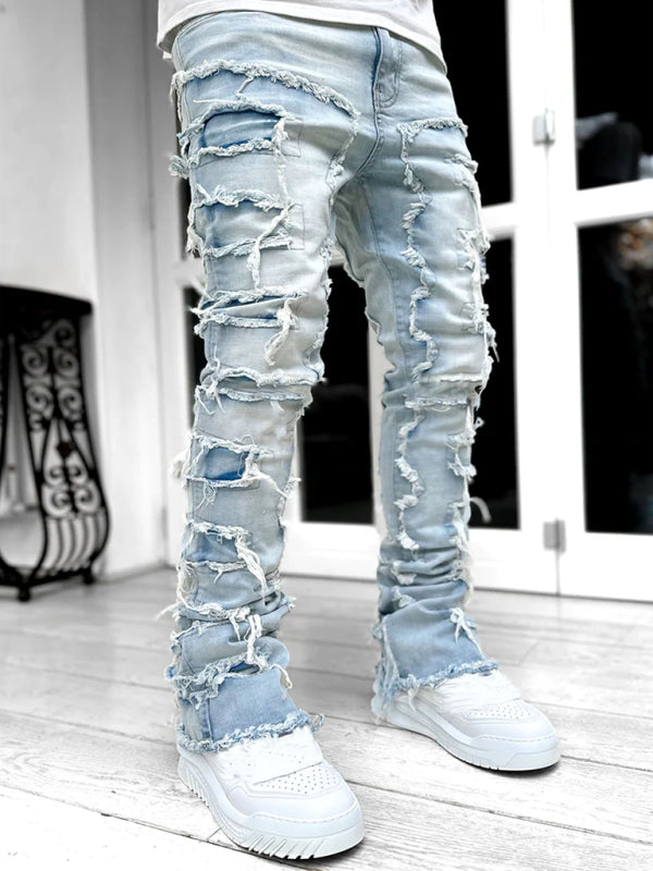 Men's new stretch patch denim straight pants Shello's Creative Boutique