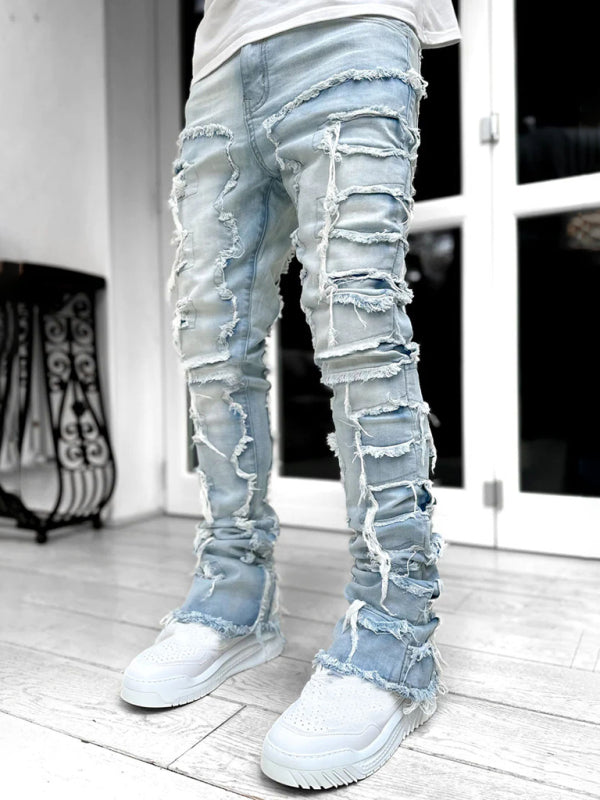 Men's new stretch patch denim straight pants Shello's Creative Boutique