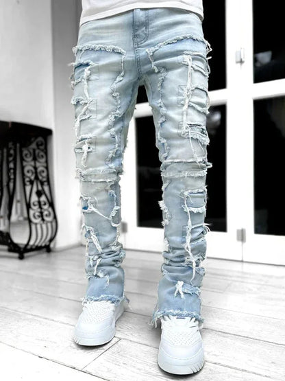 Men's New Stretch Patch Denim Straight Pants - Shello's Creative Boutique