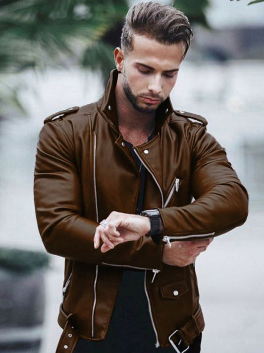 Men's stylish zipper leather biker jacket Shello's Creative Boutique