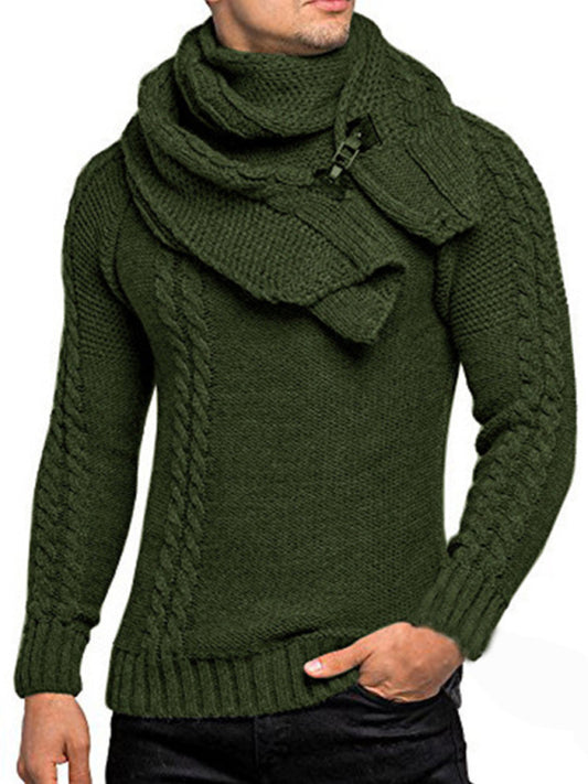 Men's fashionable scarf pullover solid color twist knitted sweater top Shello's Creative Boutique