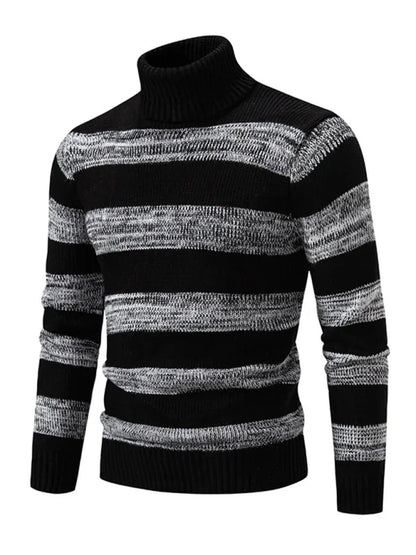 Men's New Striped Patchwork Turtleneck Slim Fit Sweater Base Layer - Shello's Creative Boutique