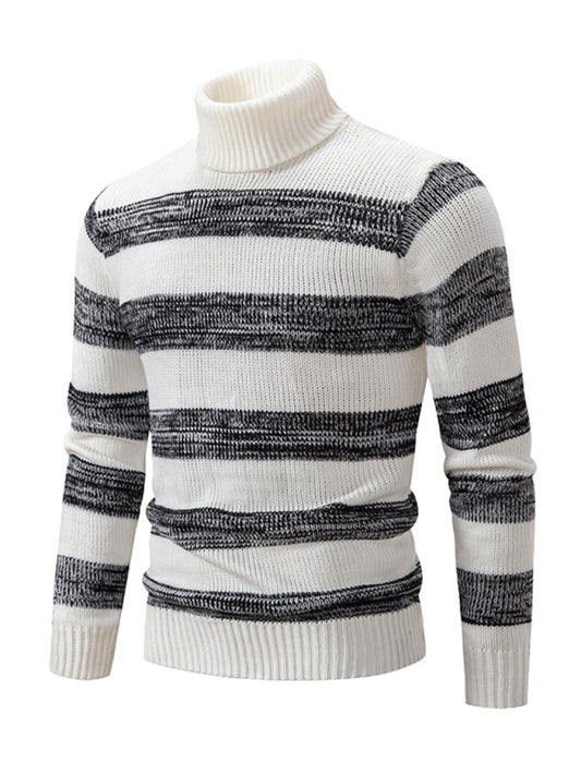 Men's New Striped Patchwork Turtleneck Slim Fit Sweater Base Layer Shello Creative Boutique