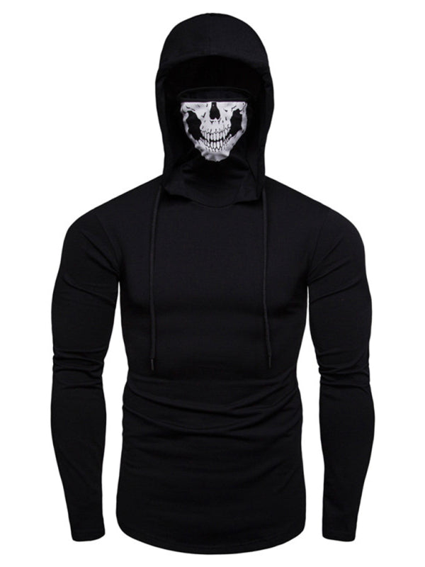 Men's new fitness cycling elastic mask skull print hooded pullover long-sleeved T-shirt Shello's Creative Boutique