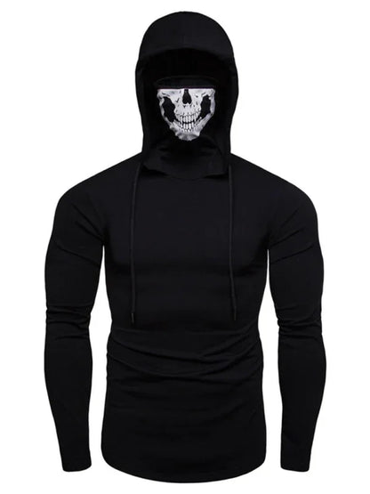 Eprolo Men's New Fitness Cycling Elastic Mask Skull Print Hooded Pullover Long-Sleeved T-Shirt - Shello's Creative Boutique
