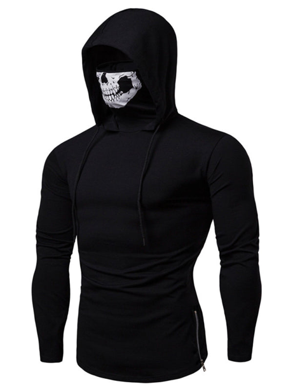 Men's new fitness cycling elastic mask skull print hooded pullover long-sleeved T-shirt Shello's Creative Boutique