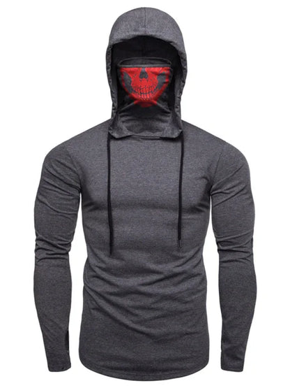 Eprolo Men's New Fitness Cycling Elastic Mask Skull Print Hooded Pullover Long-Sleeved T-Shirt - Shello's Creative Boutique