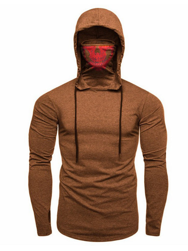 Men's new fitness cycling elastic mask skull print hooded pullover long-sleeved T-shirt Shello's Creative Boutique