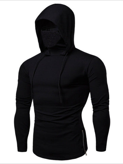 Men's new fitness cycling solid color elastic mask hooded pullover long-sleeved T-shirt sweatshirt Shello's Creative Boutique