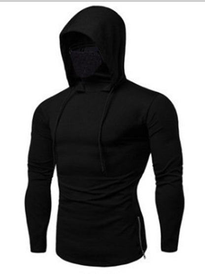 Men's new fitness cycling solid color elastic mask hooded pullover long-sleeved T-shirt sweatshirt Shello's Creative Boutique