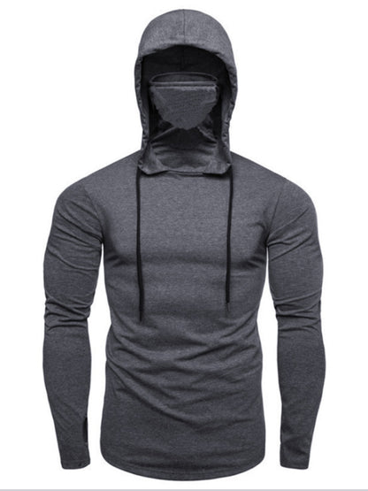 Men's new fitness cycling solid color elastic mask hooded pullover long-sleeved T-shirt sweatshirt Shello's Creative Boutique