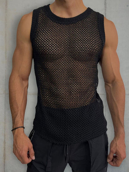 Men's Solid Color Round Neck Sleeveless Hollow Knitted Vest Shello's Creative Boutique