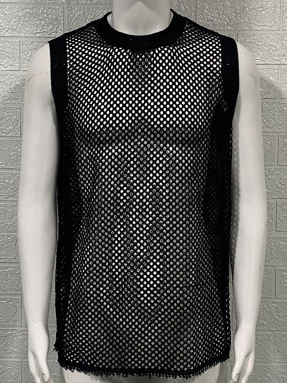 Men's Solid Color Round Neck Sleeveless Hollow Knitted Vest Shello's Creative Boutique