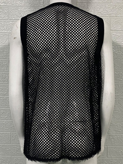 Men's Solid Color Round Neck Sleeveless Hollow Knitted Vest Shello's Creative Boutique