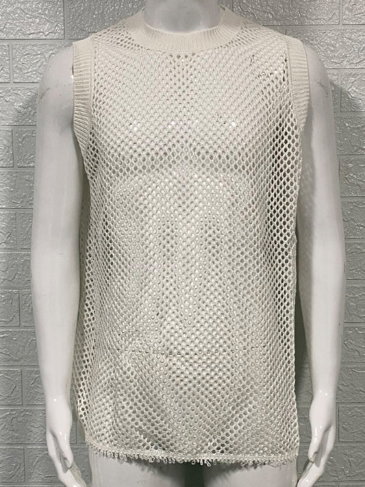Men's Solid Color Round Neck Sleeveless Hollow Knitted Vest Shello's Creative Boutique