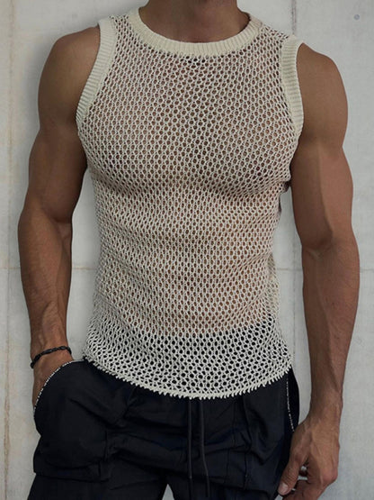 Men's Solid Color Round Neck Sleeveless Hollow Knitted Vest Shello's Creative Boutique