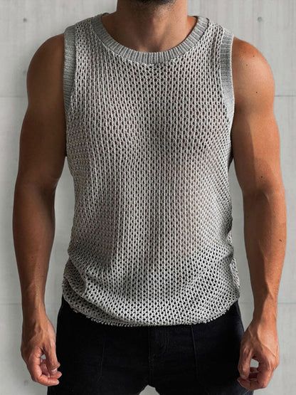Men's Solid Color Round Neck Sleeveless Hollow Knitted Vest Shello's Creative Boutique