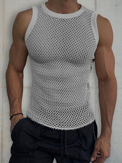 Men's Solid Color Round Neck Sleeveless Hollow Knitted Vest Shello's Creative Boutique