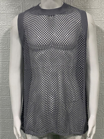 Men's Solid Color Round Neck Sleeveless Hollow Knitted Vest Shello's Creative Boutique