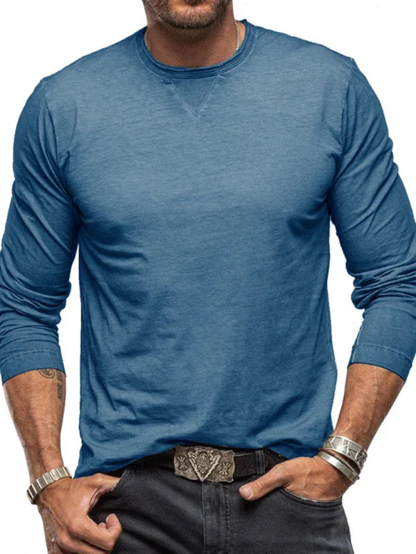 Men New Solid Colour Round Neck Long Sleeve Cotton T-Shirt - Shello's Creative Boutique