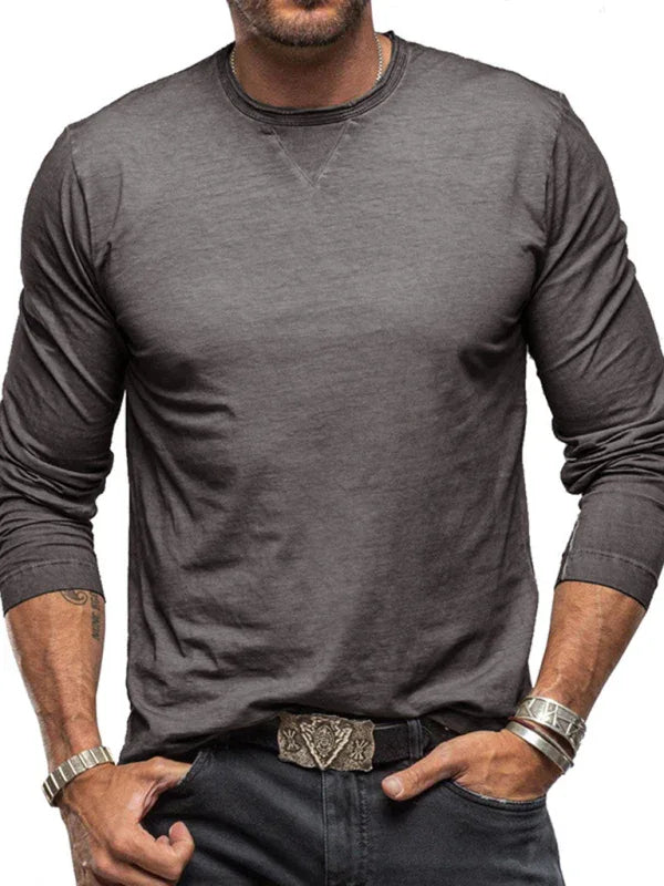 Men New Solid Colour Round Neck Long Sleeve Cotton T-Shirt - Shello's Creative Boutique